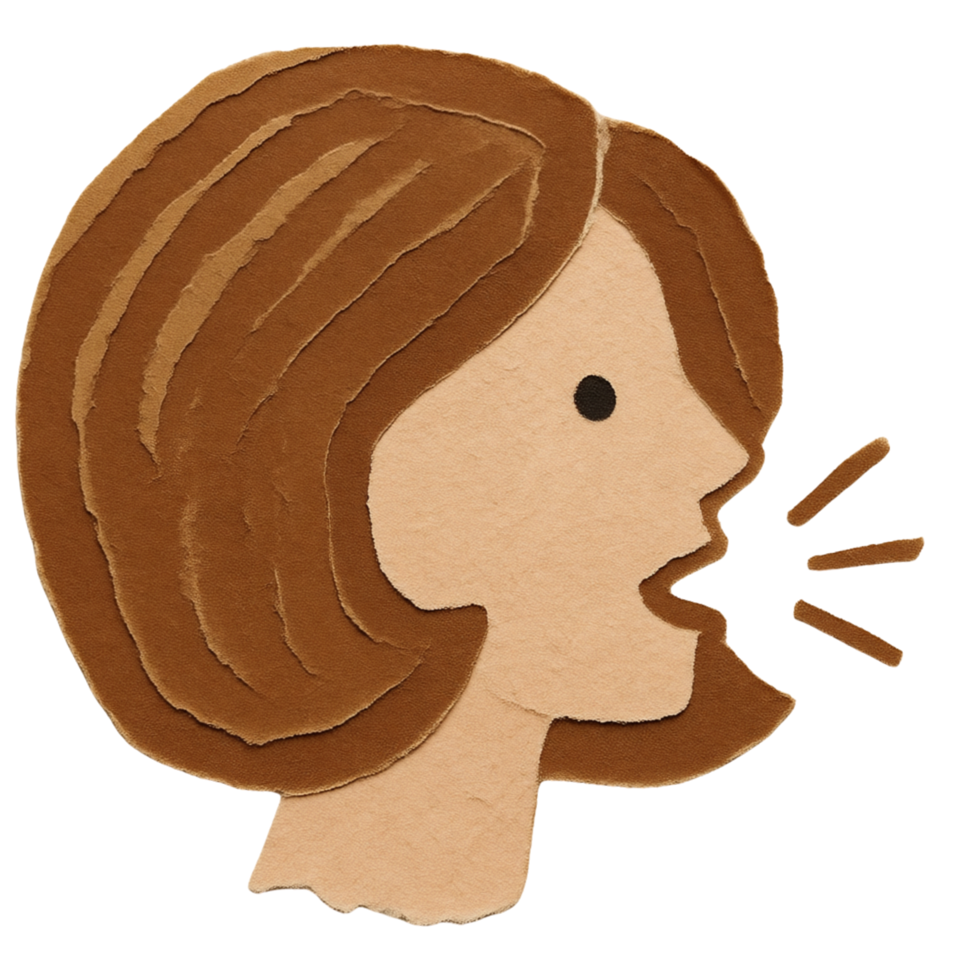 A collage style sketch of a girl with brown hair, a beige face, and a black dot representing an eye, with a brown, round, layered hair design.