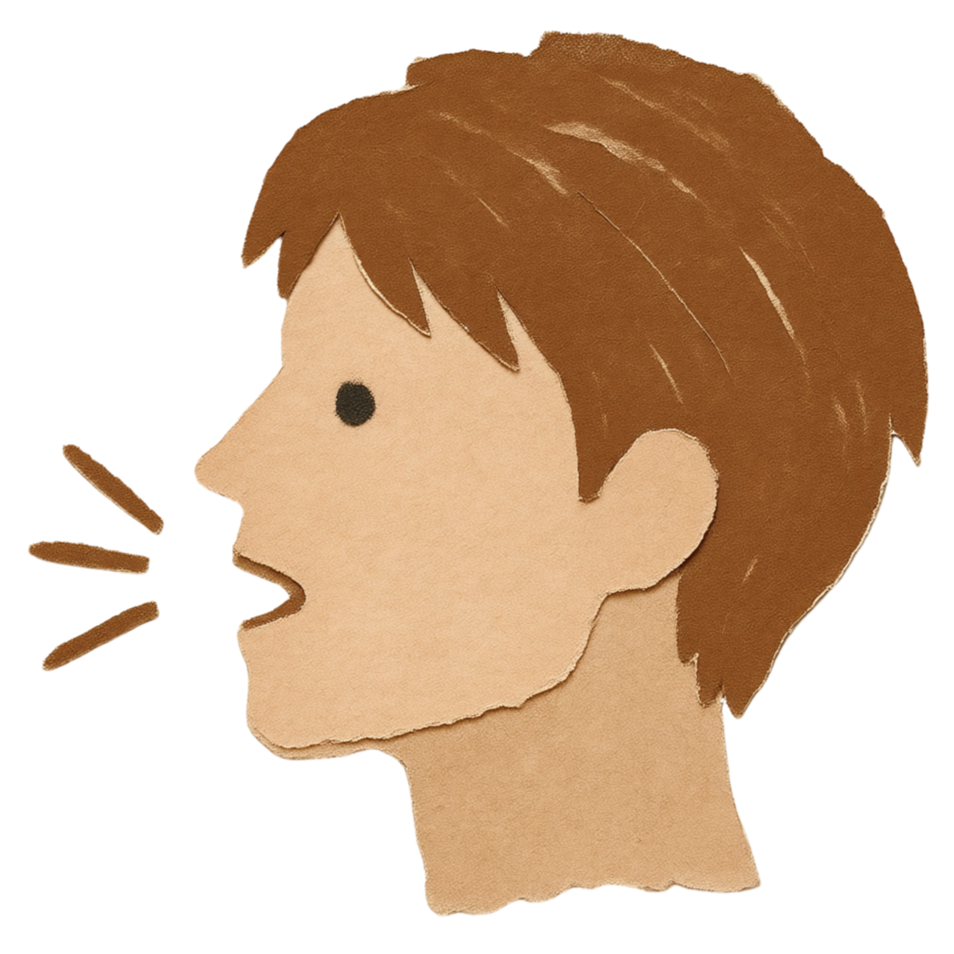 A collage image showing a simple illustration of a person's profile with brown hair, a black dot for an eye, a small nose, and beige skin. The hair appears to be a drawing with torn paper edges, and the background is transparent.