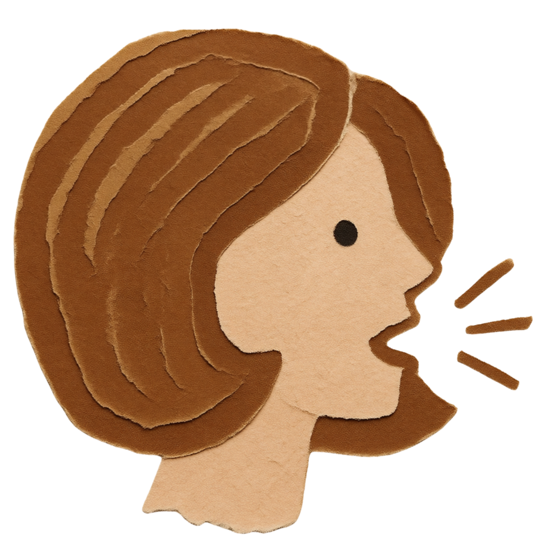 A collage style sketch of a girl with brown hair, a beige face, and a black dot representing an eye, with a brown, round, layered hair design.