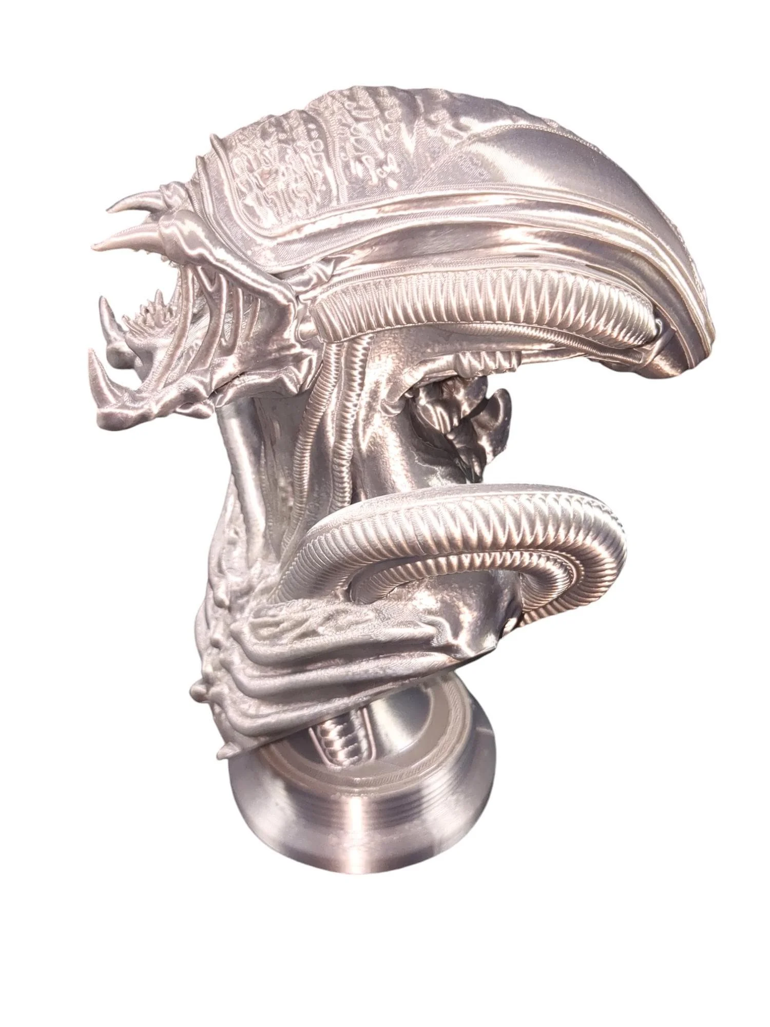 3D Printed Xenomorph, a fictional Alien Creature.3D Printed Metallic Silver Alien Bust Statue. Olgas Treasures Shop