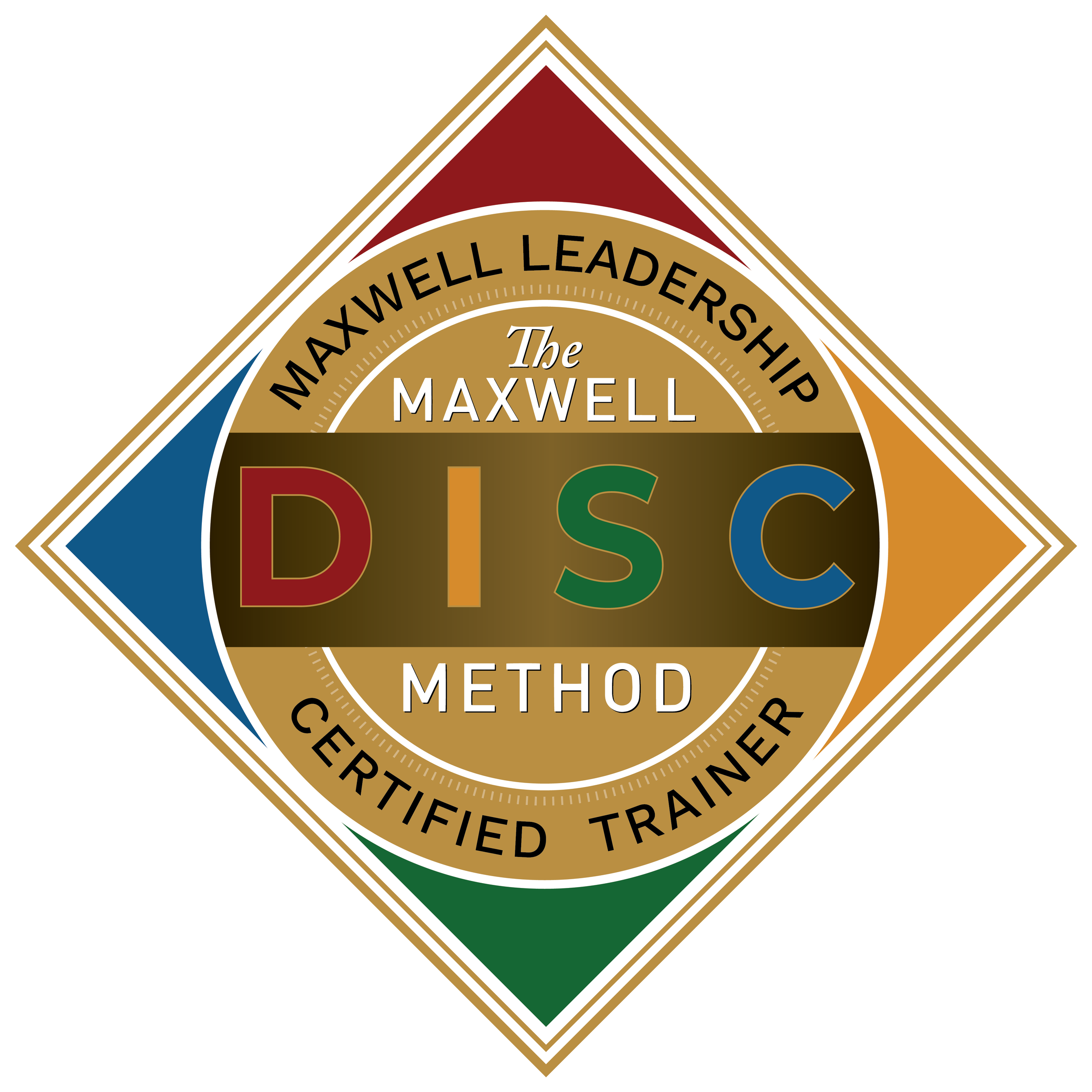 Close-up of a Maxwellell Leadership Method certification badge with rainbow-colored border and text indicating Certified Trainer.