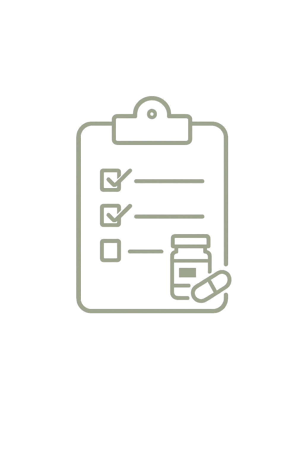 Outline of a clipboards with checkmarks, medicine bottle, and pill capsule