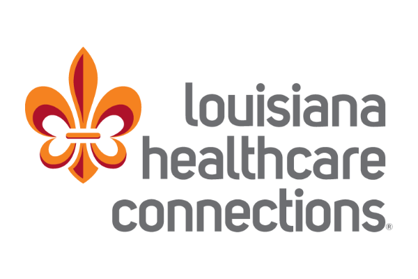 Louisiana Healthcare Connections logo with a stylized fleur-de-lis in orange and red.