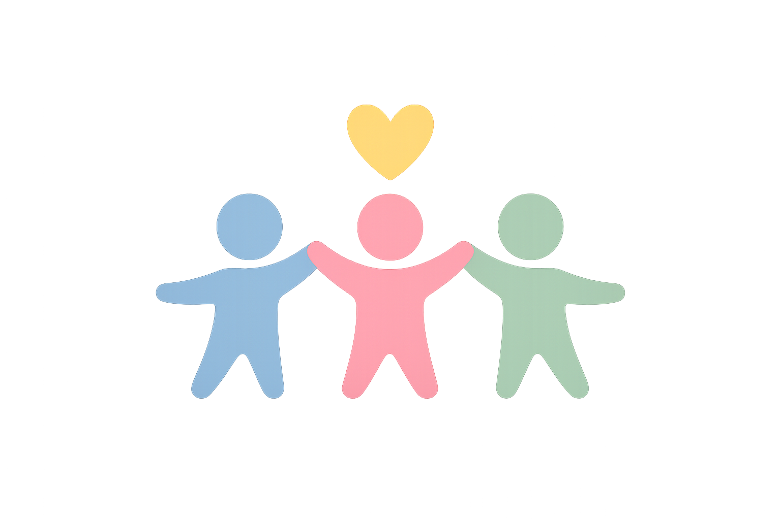 Illustration of three connected figures in blue, pink, and green, with a yellow heart above them, symbolizing friendship or community.