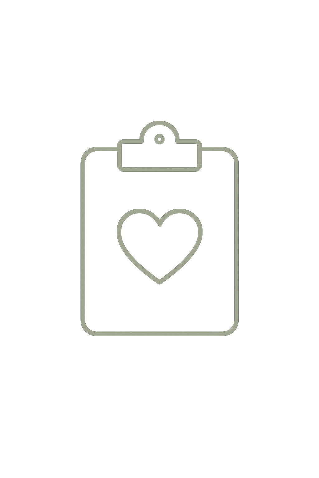 Outline of a clipboard with a heart symbol in the center, set against a black background.