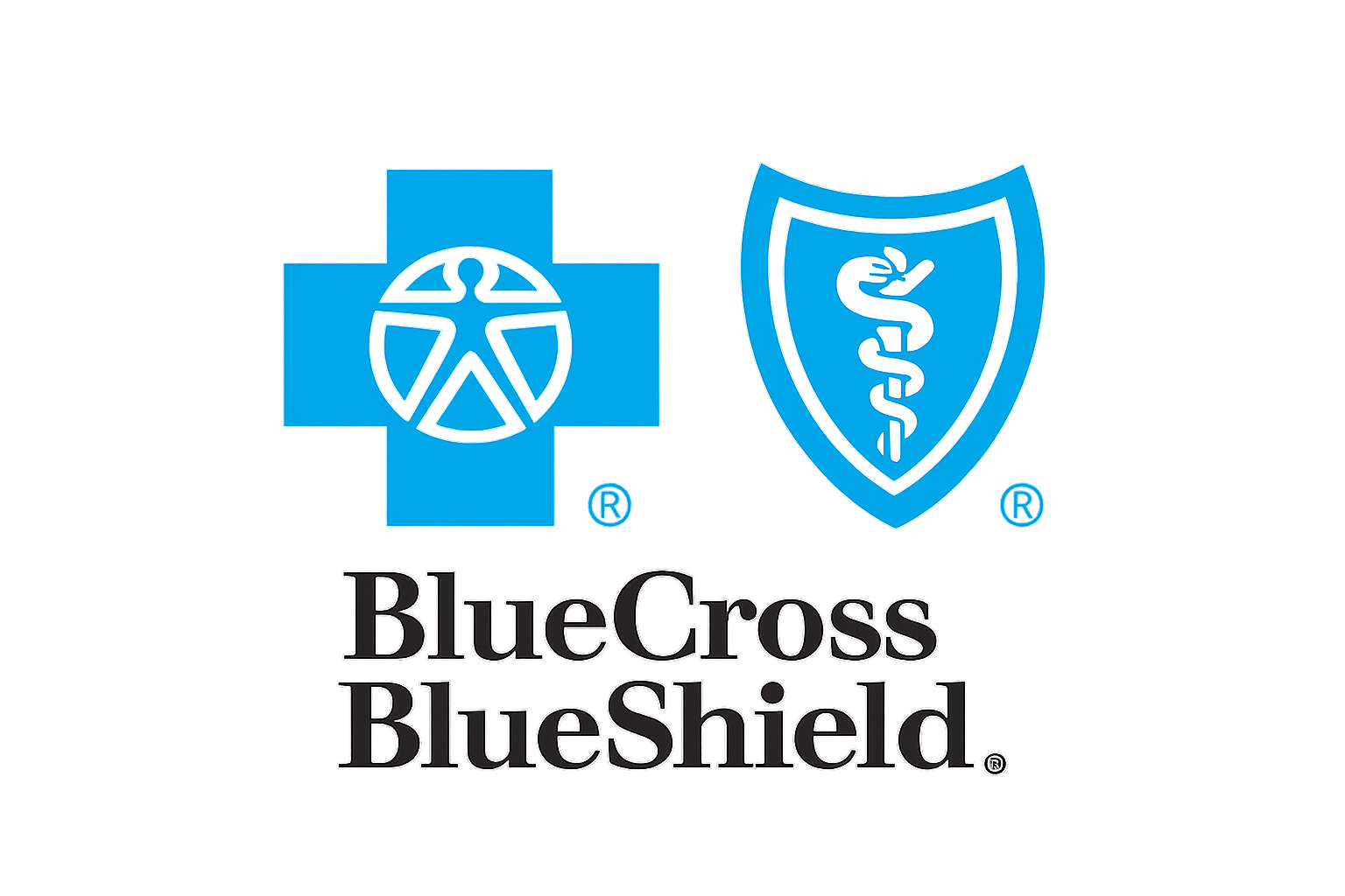 A digital illustration showing a blue medical shield with a snake and staff symbol, medical cross symbols nearby, and the text 'BlueCross BlueShield' below.