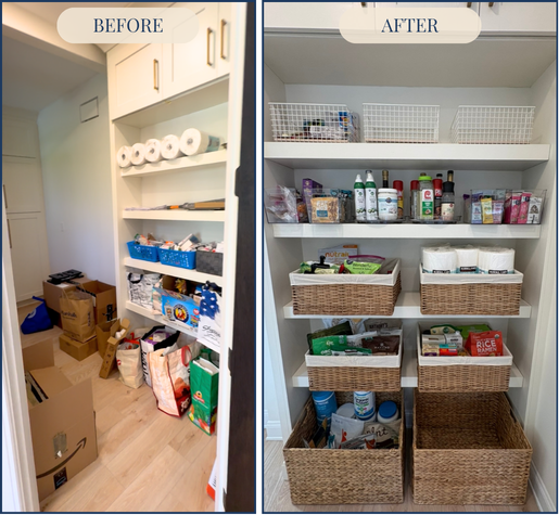 Comparison of pantry organization: on the left, cluttered with boxes and bags; on the right, neatly organized with baskets and labeled shelves.