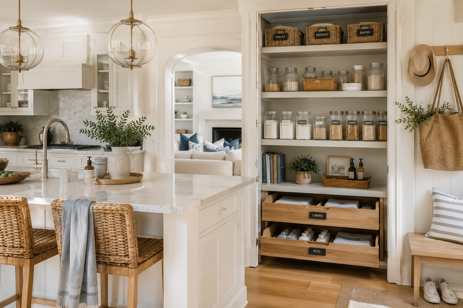 A cozy kitchen with a white marble island, wicker bar stools, and an open pantry with labeled jars and baskets for snacks, breakfast, and baking. There is a doorway to a living room with a couch and a fireplace in the background.