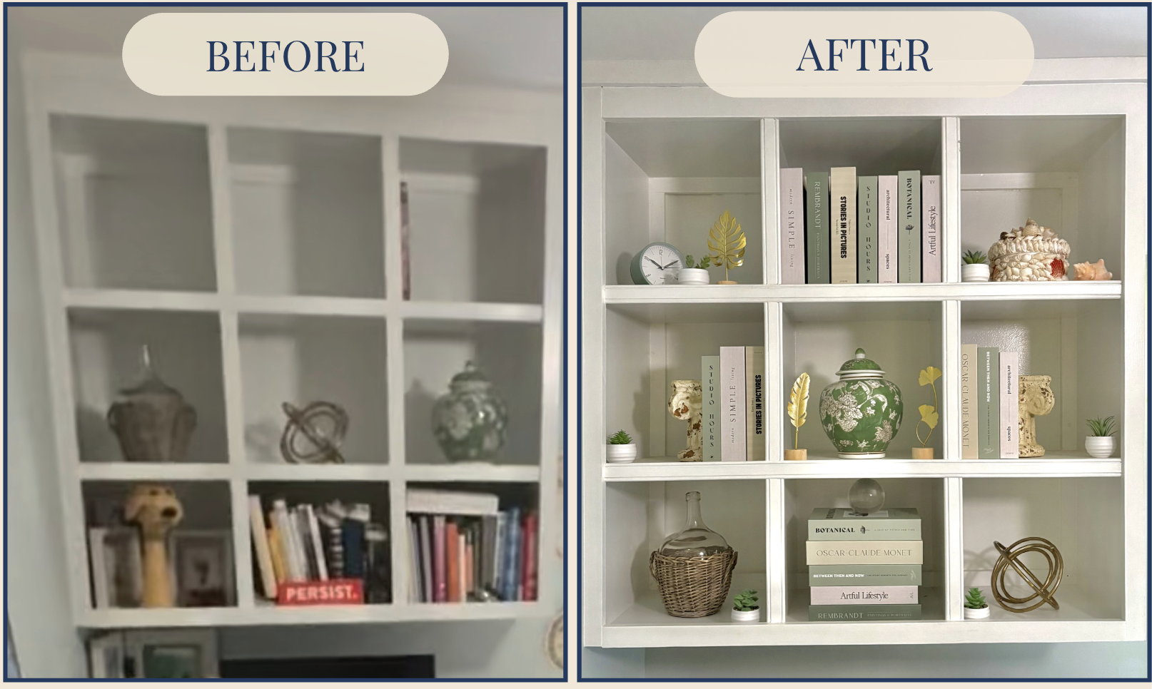 Comparison of a cluttered and a tidy bookshelf, showing organized decor, books, and accessories before and after cleaning.