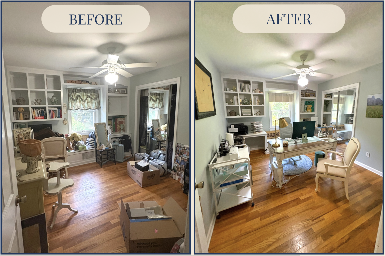 Side-by-side comparison of a living room before and after cleaning and organization. The before image shows clutter on a hardwood floor with boxes, a fan, a desk, and shelves filled with books and decor. The after image shows the same room tidied, wi