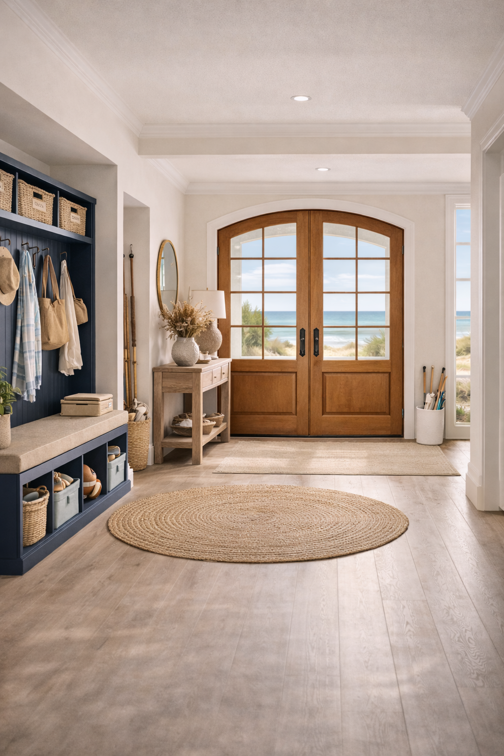 Beach view from with a wooden double door with glass panels, small wooden table with vases and dried flowers, bench with baskets and bags, and windows showing sandy beach and ocean.