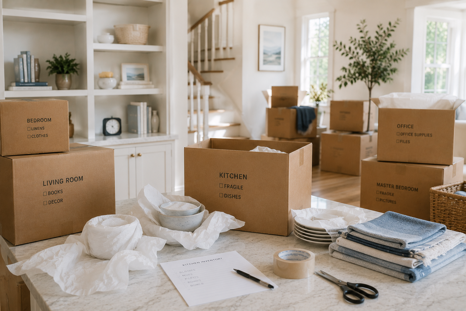 Moving boxes labeled for different rooms placed on a kitchen counter and in the background in a bright, decorated living space. Packing materials, bowls, stapler, and stack of folded towels on the counter.