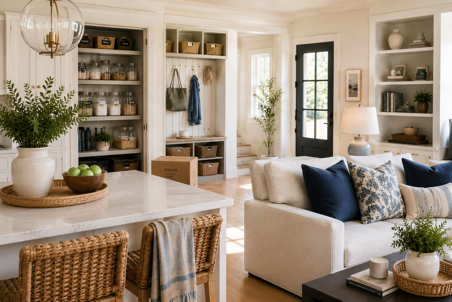 Bright living room with white furniture, navy and patterned pillows, potted greenery, and open shelving with decor and books. Kitchen area with a marble island, wicker chairs, and various stored items in jars and baskets.