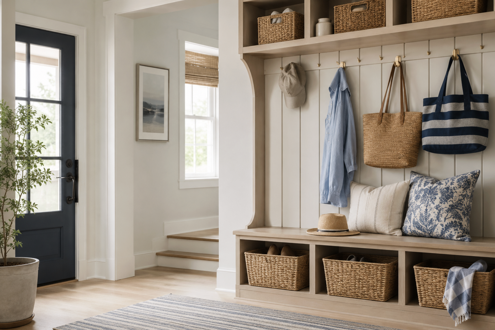 Tidy and organized mudroom entryway with hooks holding hats, blue shirt, and bags, a built-in shoe storage with baskets, a pillow and a hat, a striped bag, and a woven basket, near a door with a glass window.
