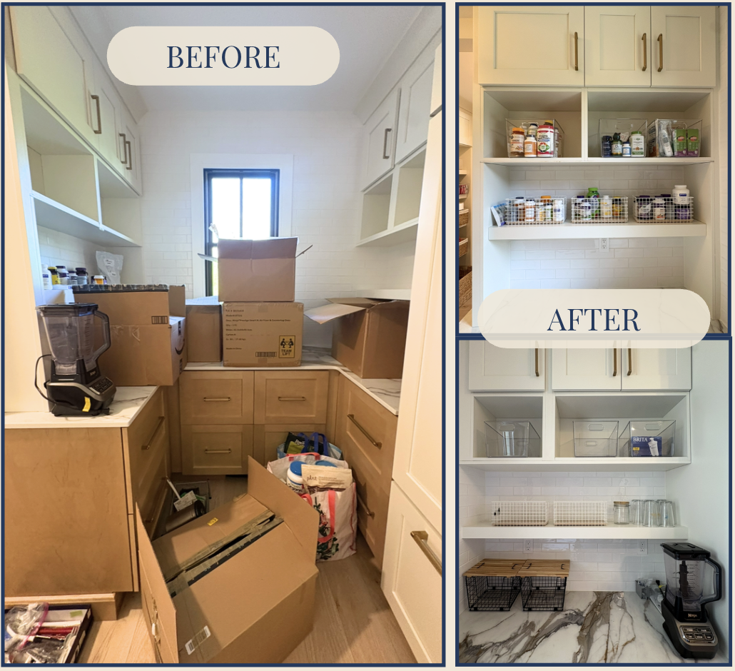 Side-by-side comparison of a pantry before and after organization. The 'before' image shows clutter, boxes, and supplies haphazardly stored. The 'after' image displays a tidy, well-organized pantry with labeled bins, shelves, and minimal clutter.