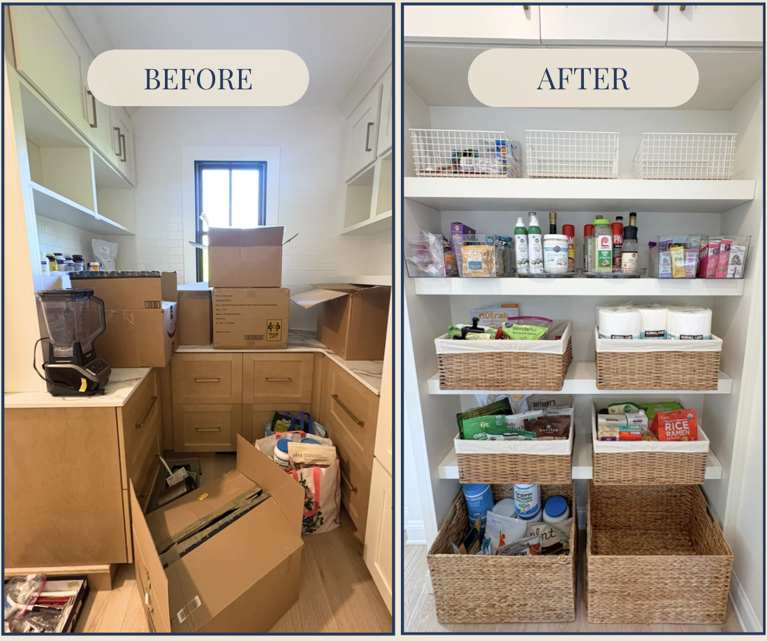 Side-by-side comparison of a pantry before and after organization. The 'Before' side shows a cluttered pantry with boxes and items stacked haphazardly, while the 'After' side displays a neatly organized pantry with labeled baskets, tidy shelves, and stored food and supplies.
