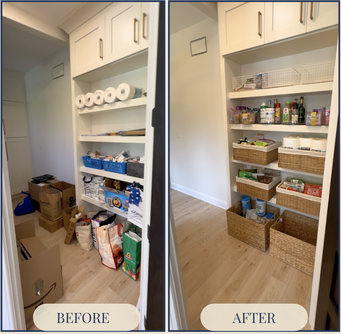 Side-by-side comparison of a pantry before and after organization. The 'before' shows clutter with boxes, bags, and supplies on the floor and shelves filled with miscellaneous items. The 'after' displays neatly arranged shelves with baskets and clear organization, minimal items, and a clean look.