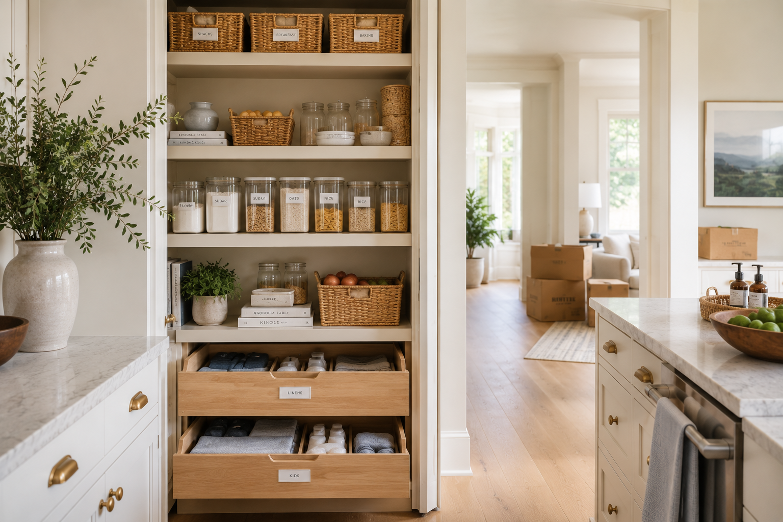 A pantry with organized shelves containing labeled containers of dry goods, baskets, and kitchen essentials, adjacent to a kitchen island with bowls of fruit, and a glimpse into a bright living room with boxes in the background.