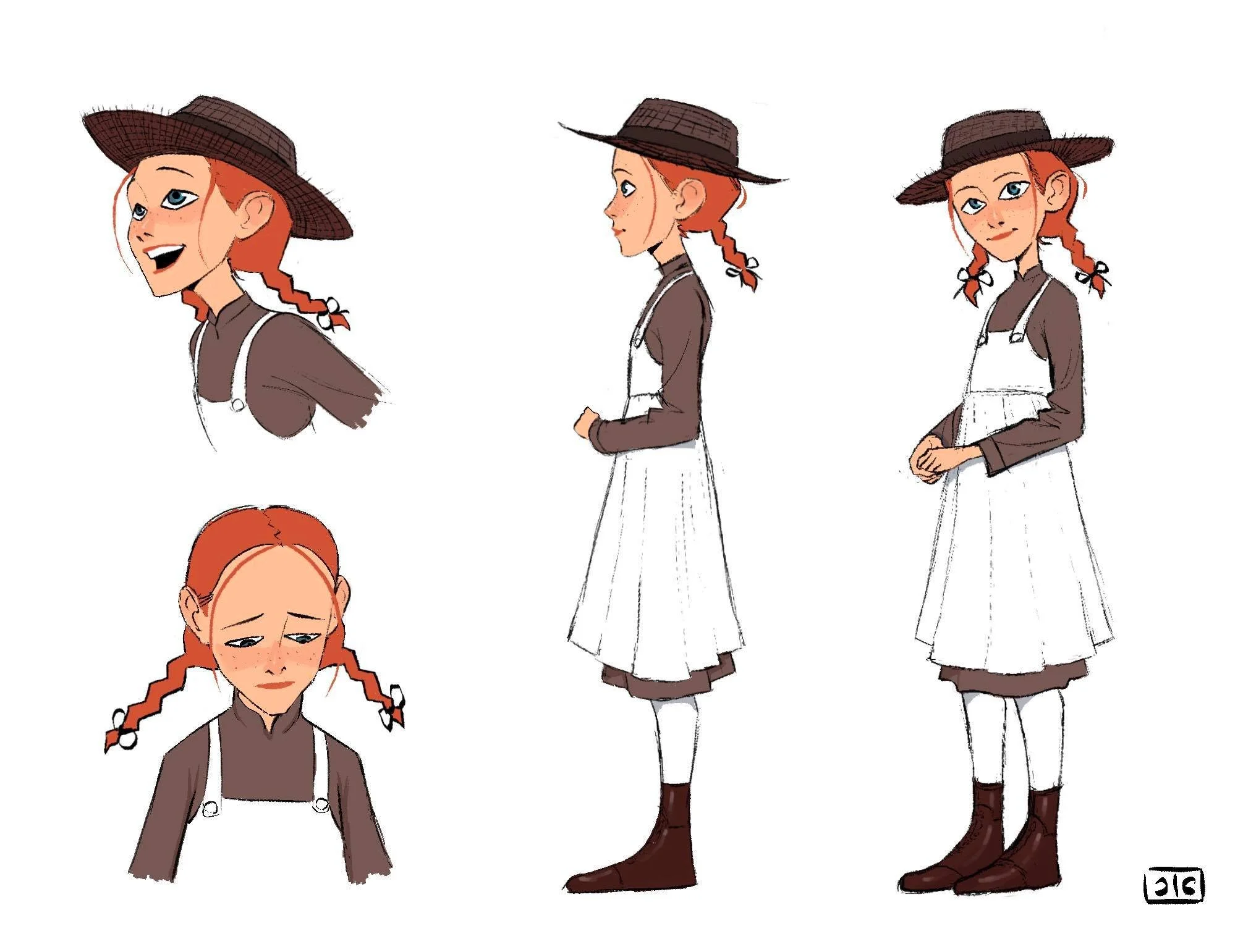 A character sheet with illustrations of a girl with red hair in braids in different poses, wearing a brown hat, brown dress, white apron, and brown boots.
