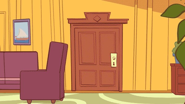Cartoon interior of a living room with a wooden door, an armchair, a picture on the wall, and a potted plant.