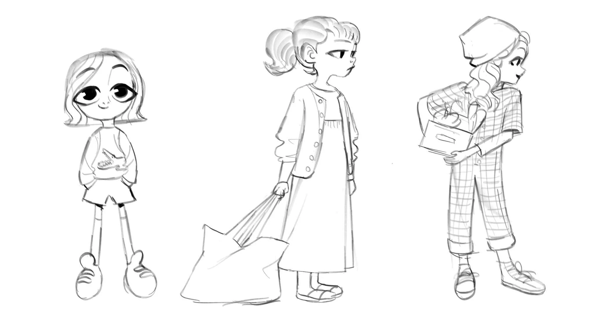 Black and white sketch of four young girls, each with distinct clothing and hairstyles, standing and holding hands.