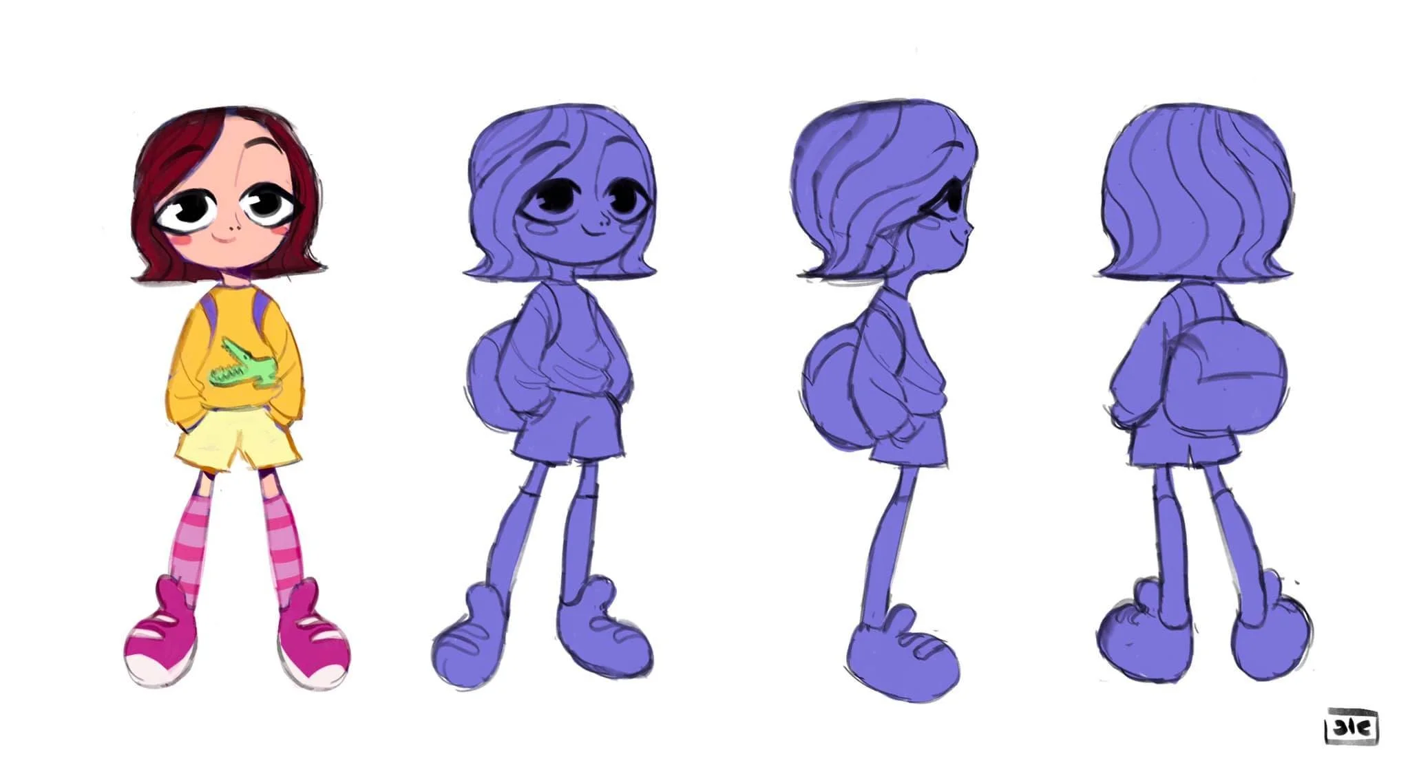 A character design sheet showing a girl with short purple hair in four different poses, wearing a yellow sweater with a green dinosaur, pink striped socks, and pink shoes, with a fully colored and sketched version.