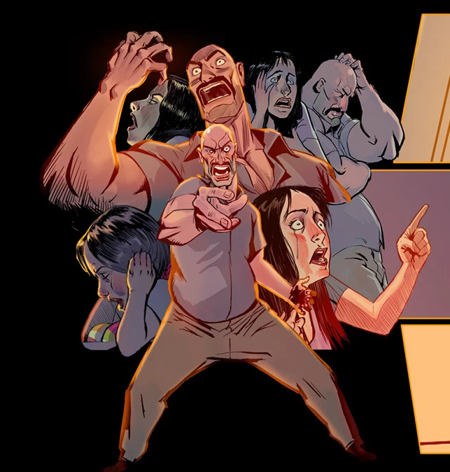 A cartoon illustration of multiple angry and distressed people, with some shouting and pointing. The characters are diverse in appearance and emotional expression.