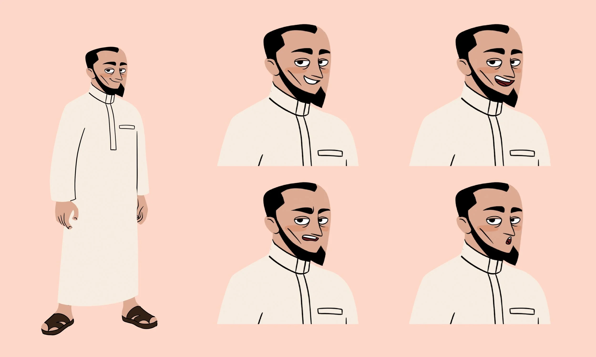 A cartoon illustration of a man in traditional Middle Eastern clothing, shown in a standing pose on the left and multiple expressions on the right.