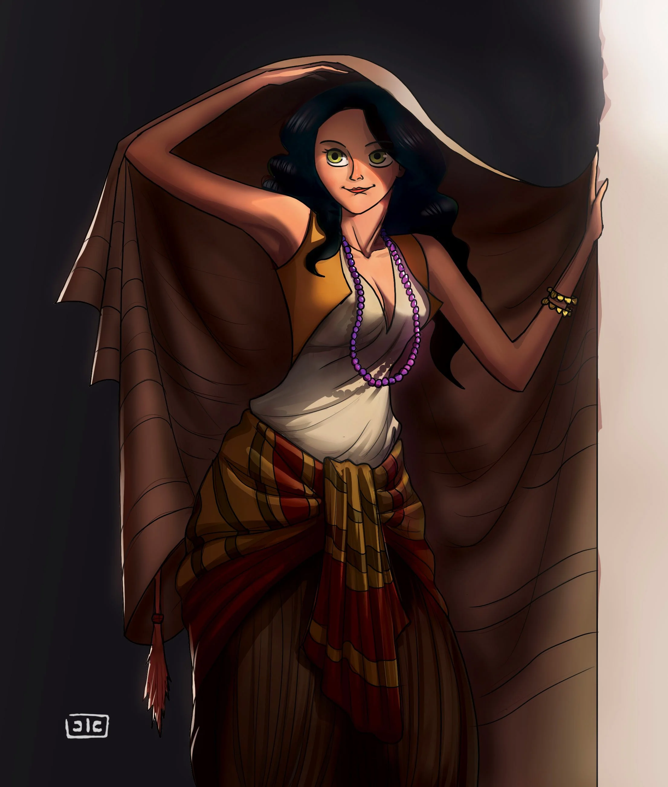Digital illustration of a woman with long, dark hair, wearing a beige top, purple bead necklace, and earrings, posing with one arm resting on her head, draped in a large, brown cape or shawl with spider web pattern, against a dark background.