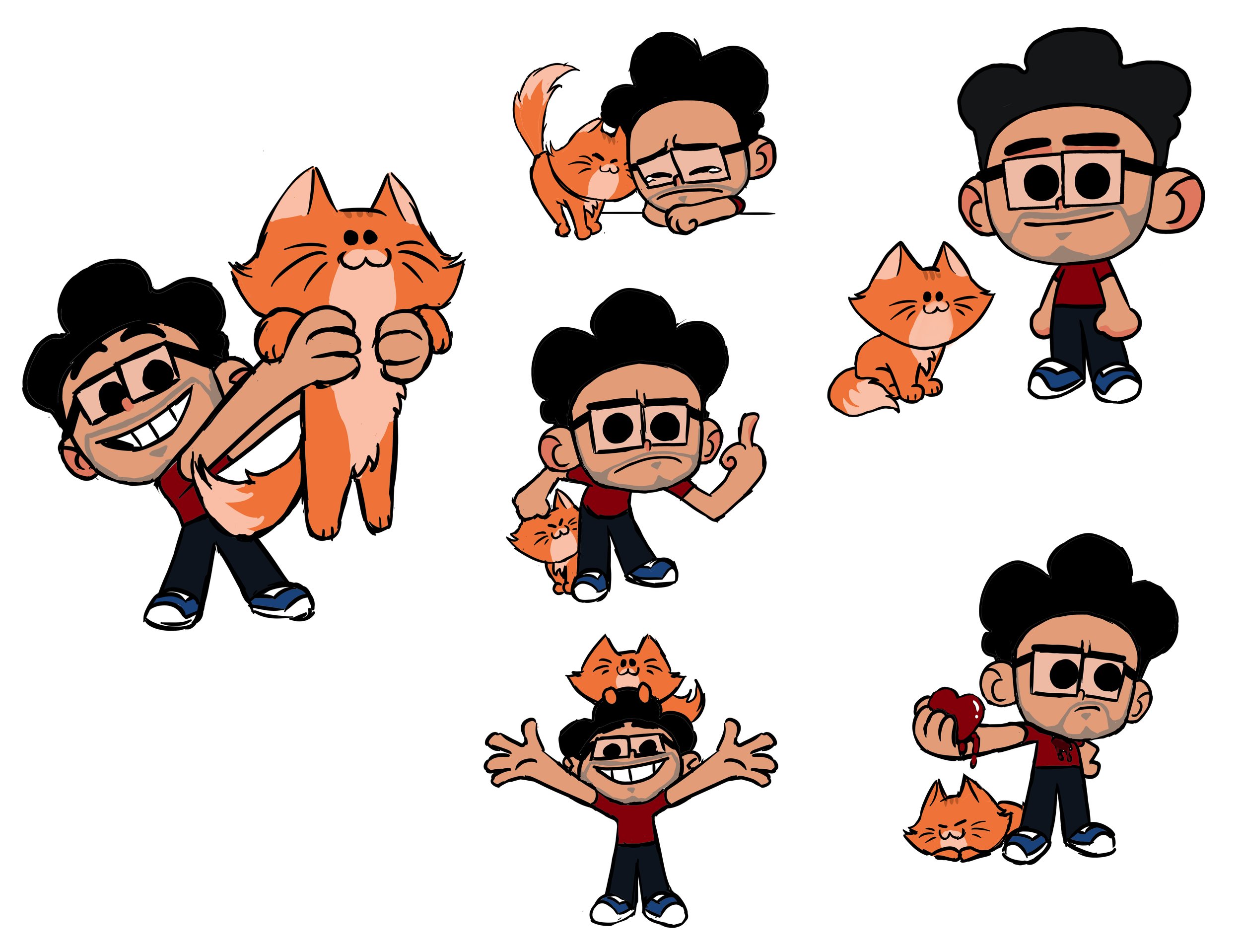 Multiple cartoon characters including children with glasses, smiling and holding animated cats and pumpkins, with some characters making playful gestures, all wearing red shirts and black pants.
