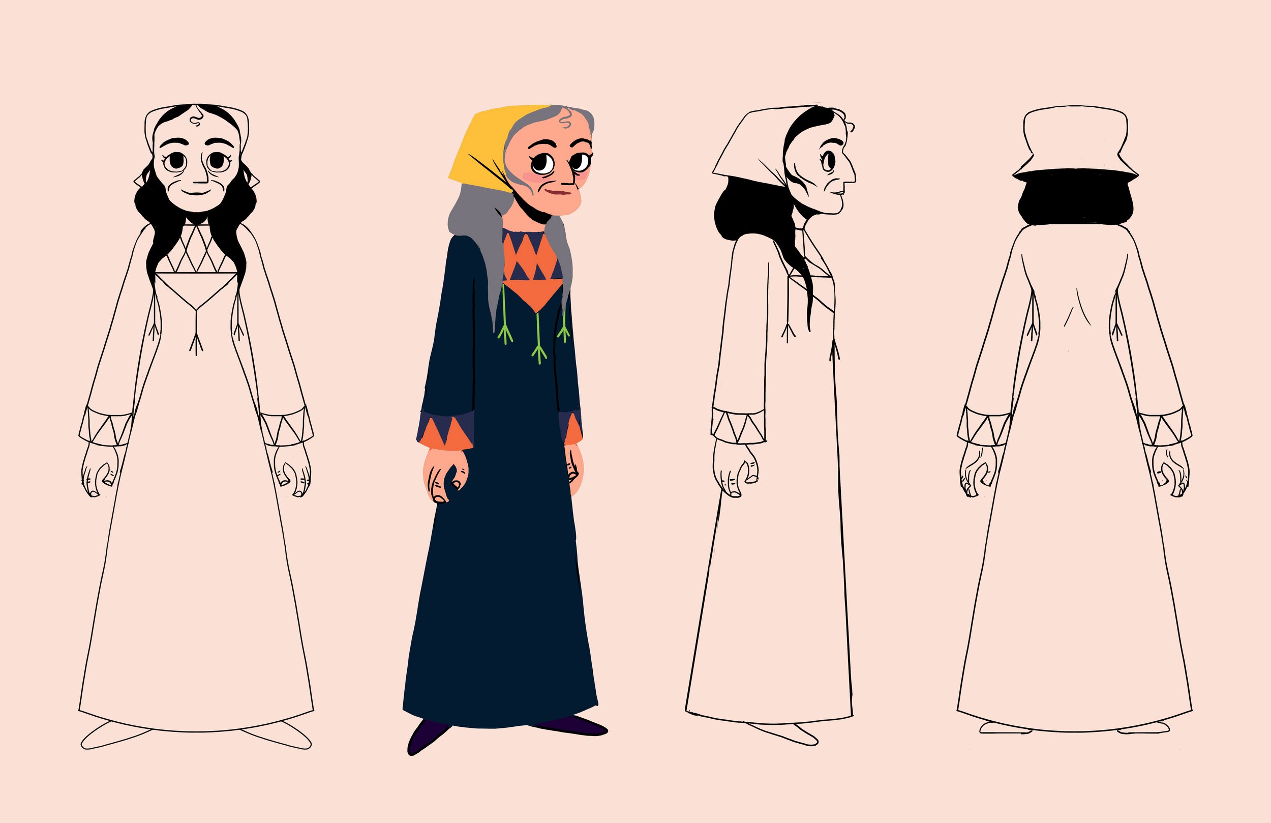 A digital illustration showing four-stage drawing progression of a woman in traditional clothing. The first and third are black-and-white outline sketches viewed from the front, while the second is a colored, detailed version with a yellow headscarf,
