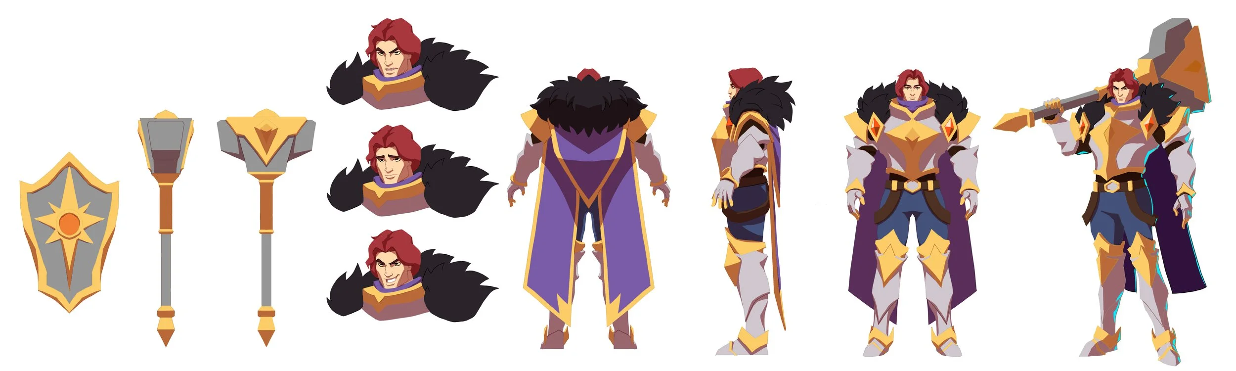 Character sheet of a fantasy warrior with armor, axe, shield, and multiple facial expressions and angles.
