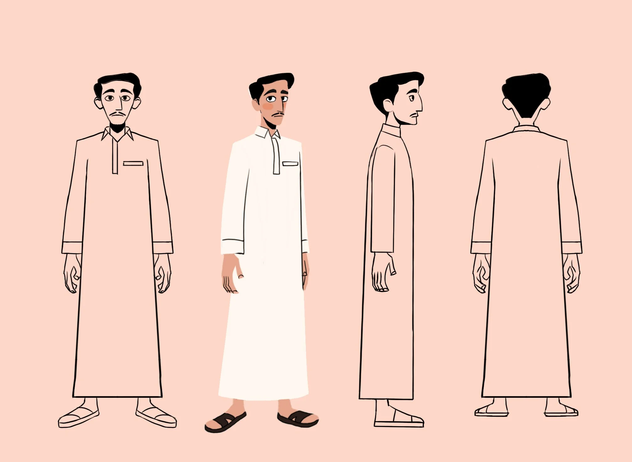Illustration of a man in different poses, wearing traditional Middle Eastern attire, with a pink background.