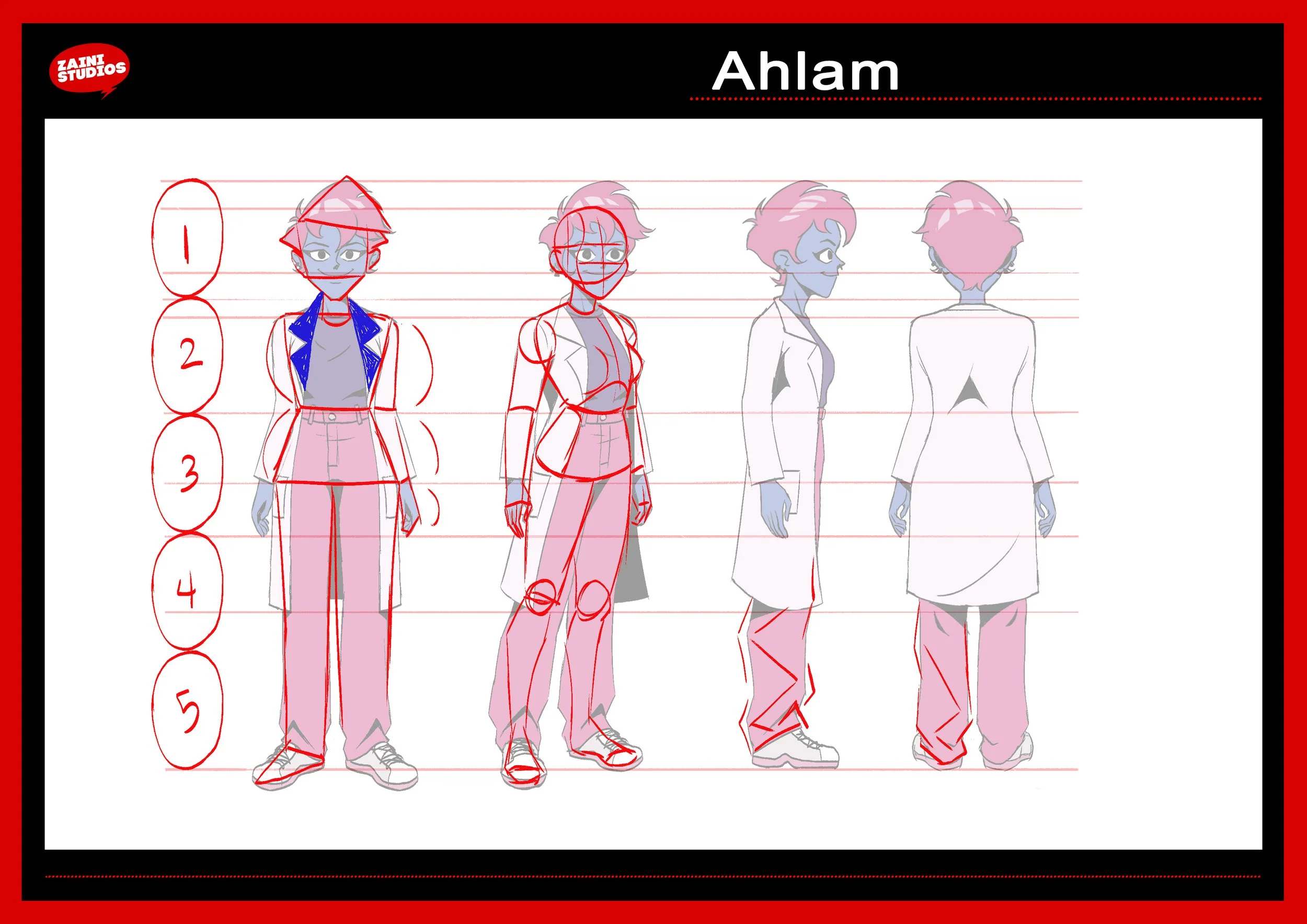 Sketch of a character's front, side, and back views with red construction lines, background with a black header bearing the title 'Ahlam' and a red border, and the logo 'Zaint Studios' in the top left corner.