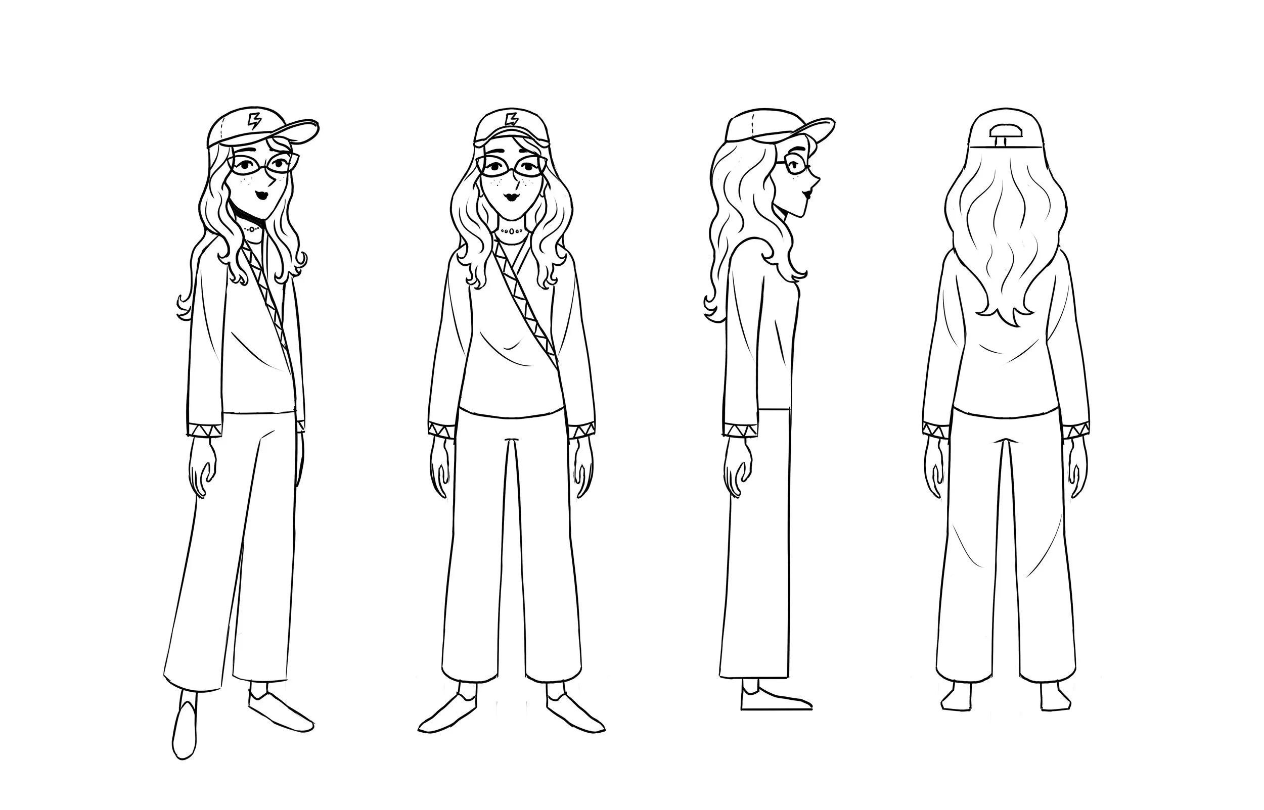 Black and white line drawing of four women, each wearing a baseball cap with a lightning bolt symbol, glasses, choker necklace, long-sleeved shirt, and wide-leg pants, viewed from different angles.