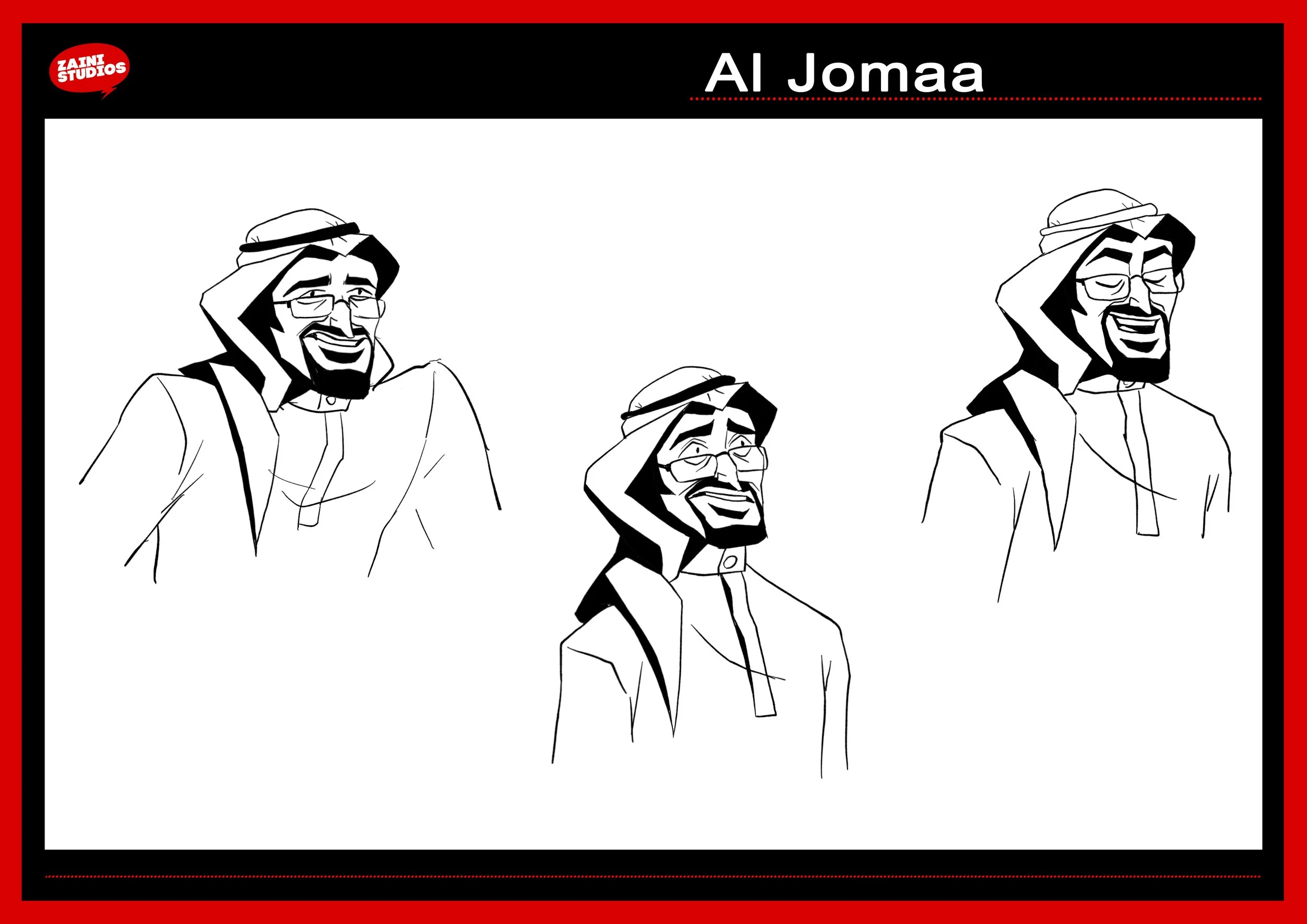 Line drawing of three men wearing traditional Middle Eastern attire, including head coverings and glasses, all smiling and saluting.