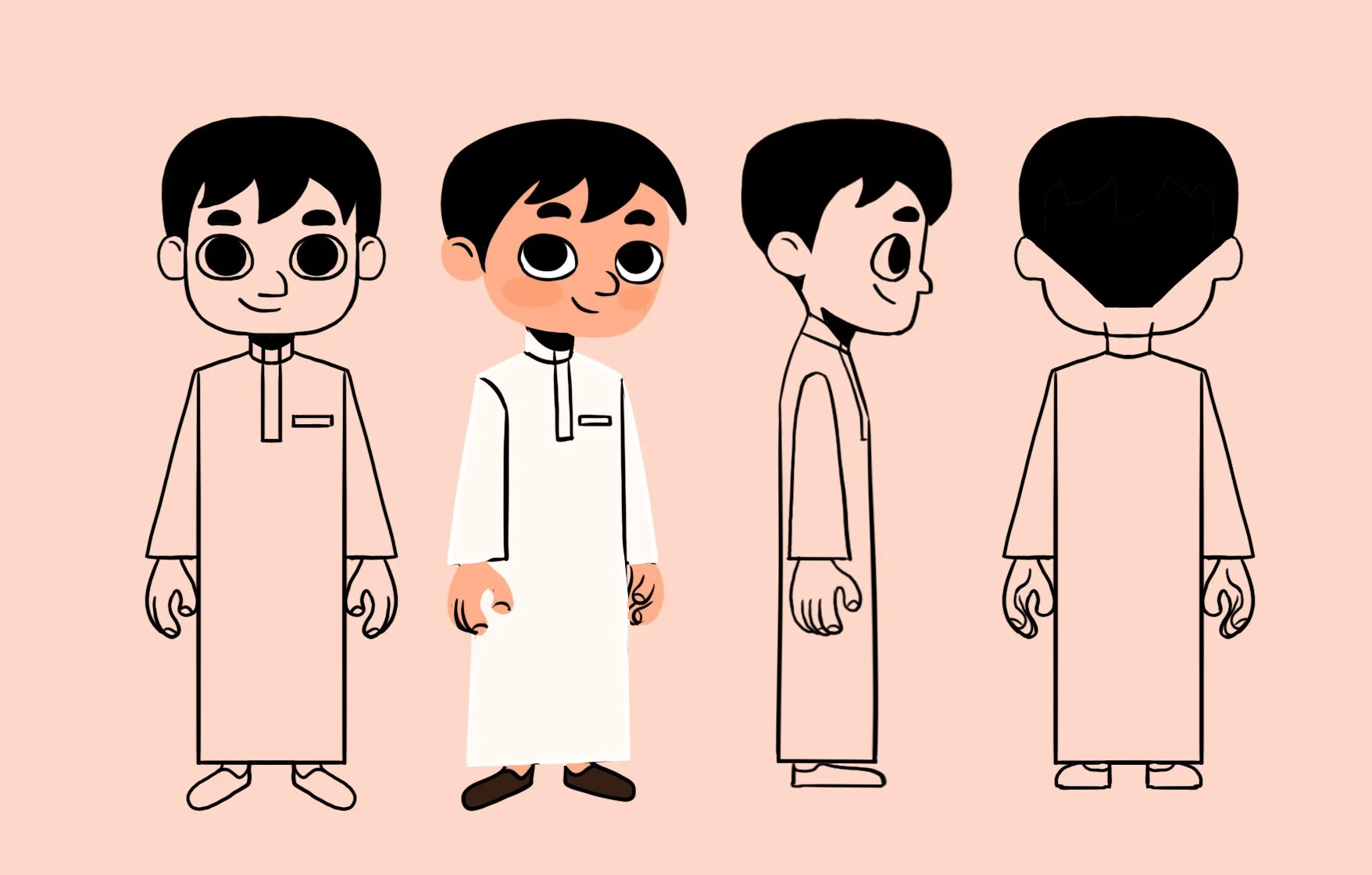 A digital illustration featuring four characters dressed in traditional Middle Eastern clothing, with the second character filled in with color and details, while the others are in black and white outline. The background is light pink.