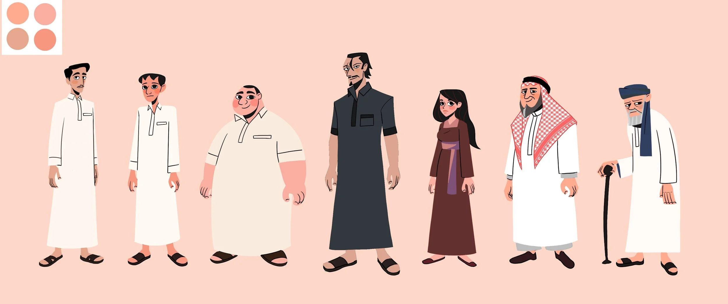 Illustration of diverse characters in traditional Middle Eastern attire standing in a line against a pink background.