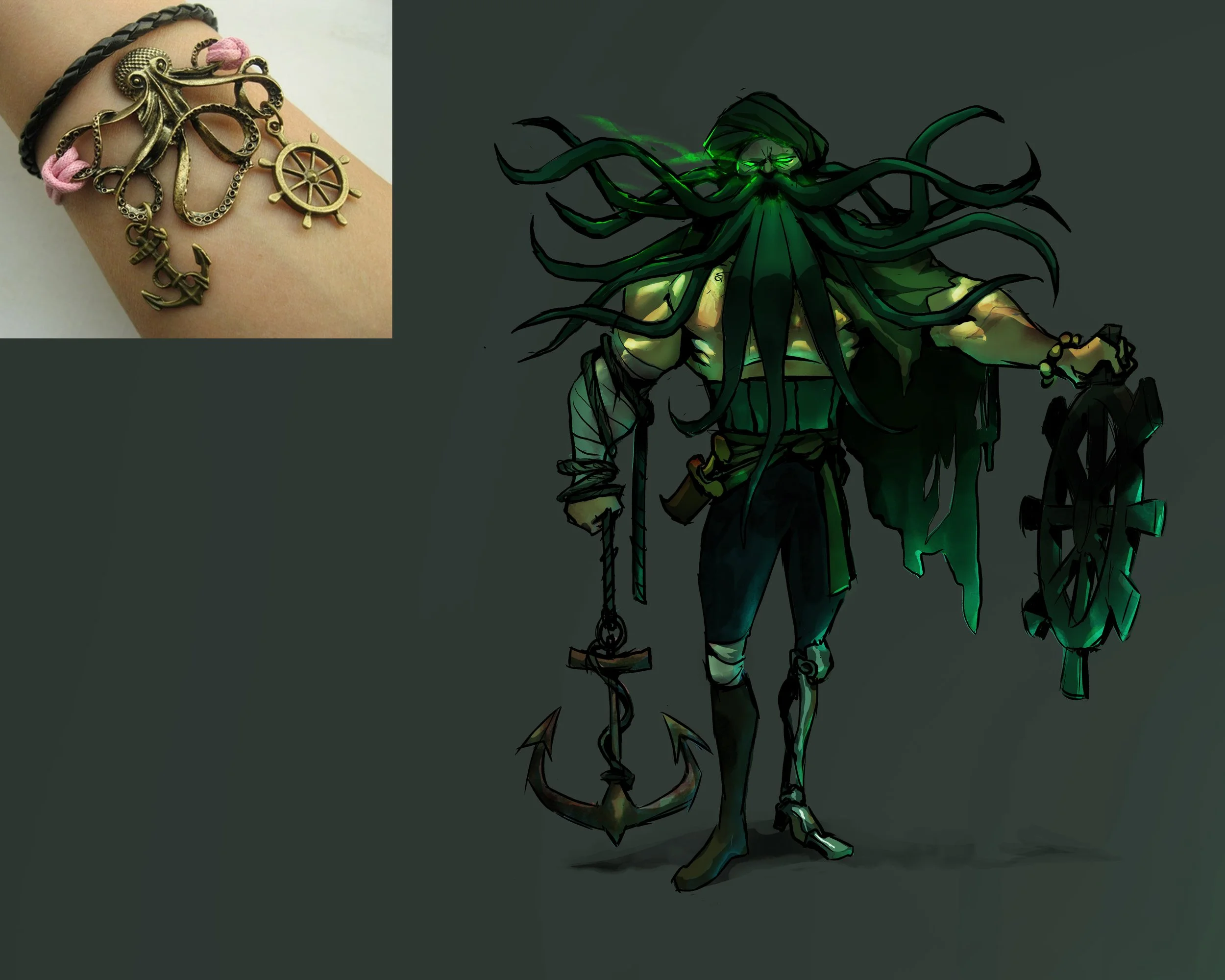 A digitally drawn figure of a humanoid with an octopus head, green glowing eyes, tentacles as hair, and wearing tactical gear, holding a weapon, with a dark background.