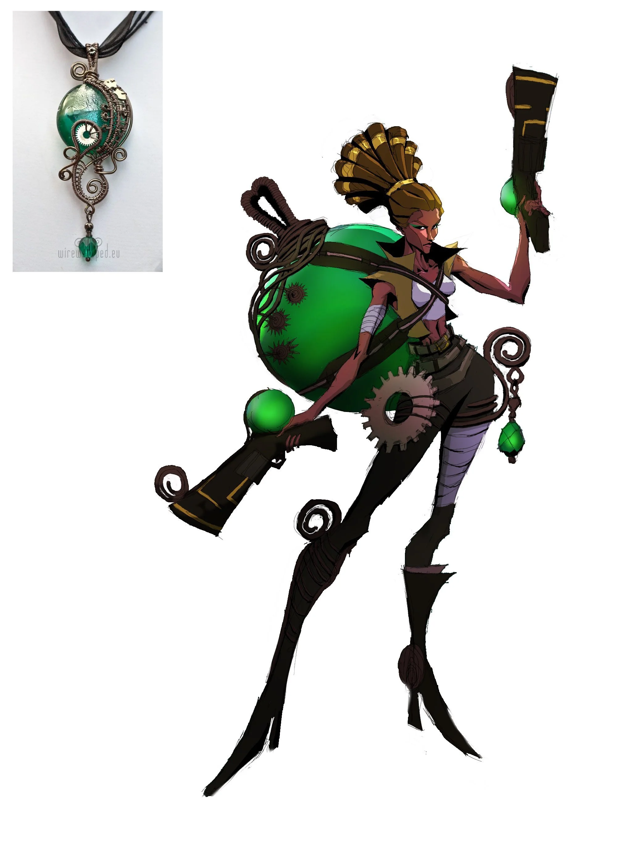 A digital illustration of a female character with a fierce expression, large spiked hair, and a green backpack with spikes and gears. She is holding a large gun, wearing black and white clothing with bandages on her arms and legs, and has mechanical 