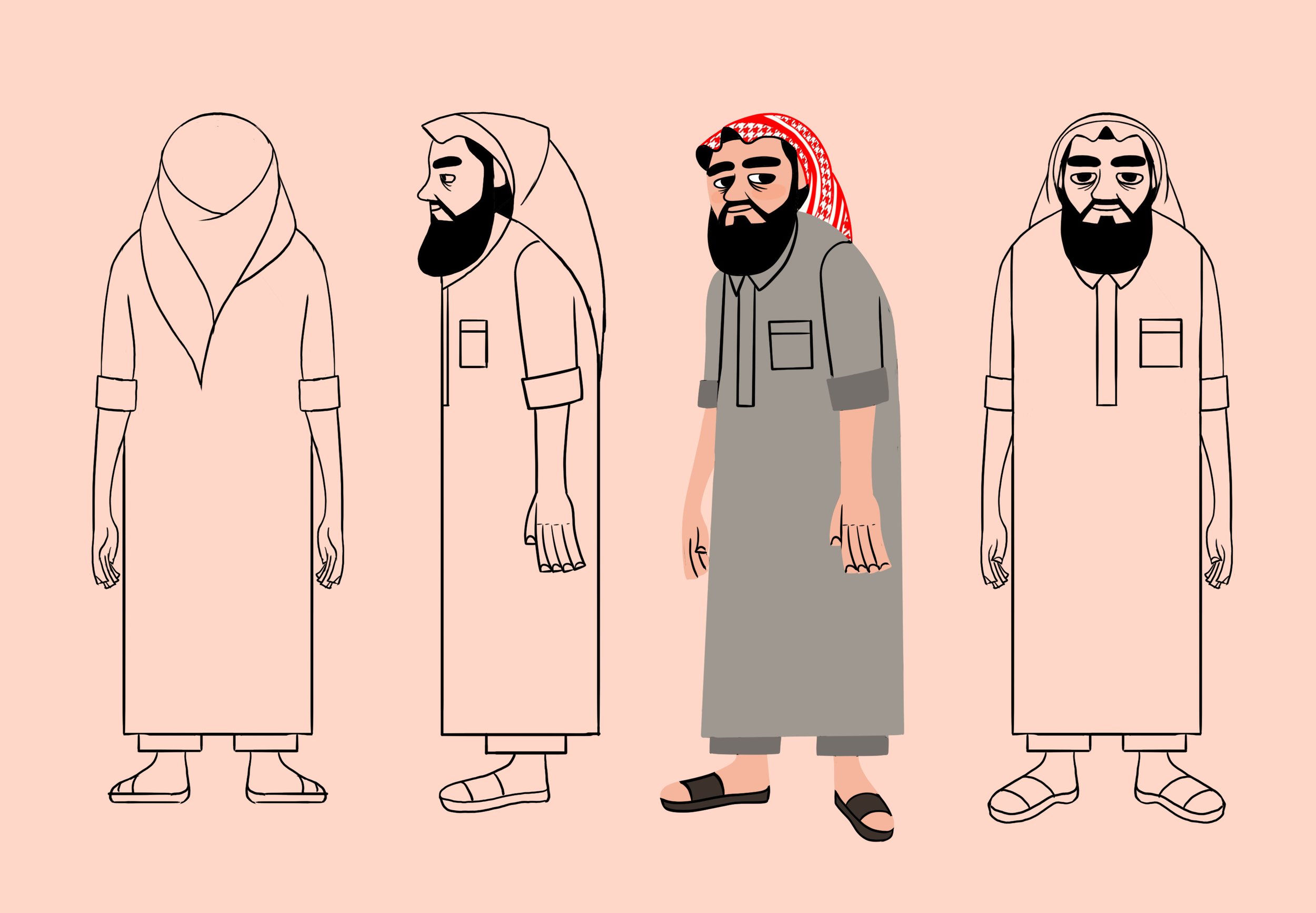 A digital illustration showing four figures, with three of them in outline form and one fully colored. The fully colored figure is a man with a beard, wearing a traditional Middle Eastern headscarf and gray robe, standing among the outline figures.