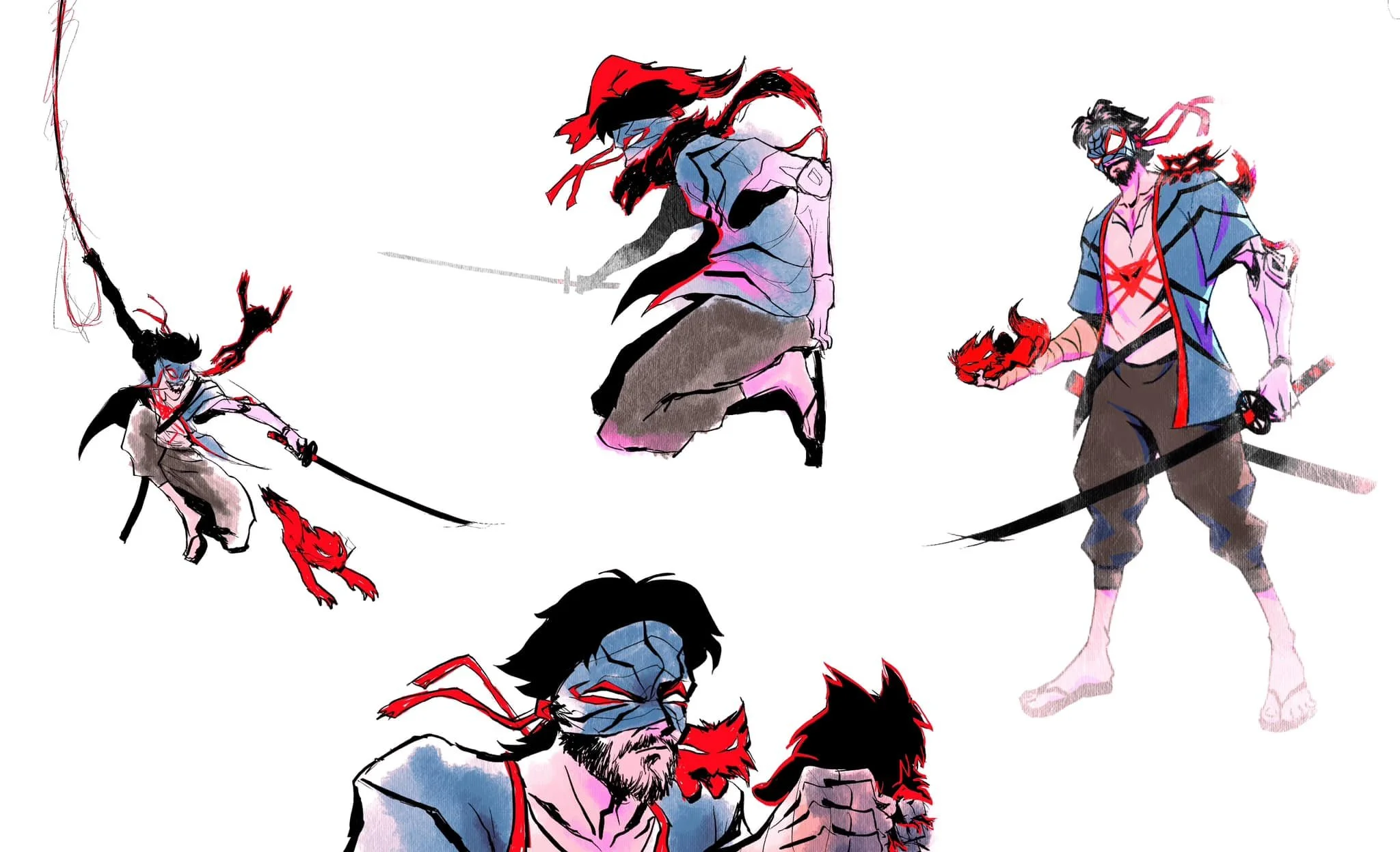 Group of animated characters, some with masks and weapons, engaging in combat, with a central figure holding a katana and surrounded by other fighters with fox masks and various poses.
