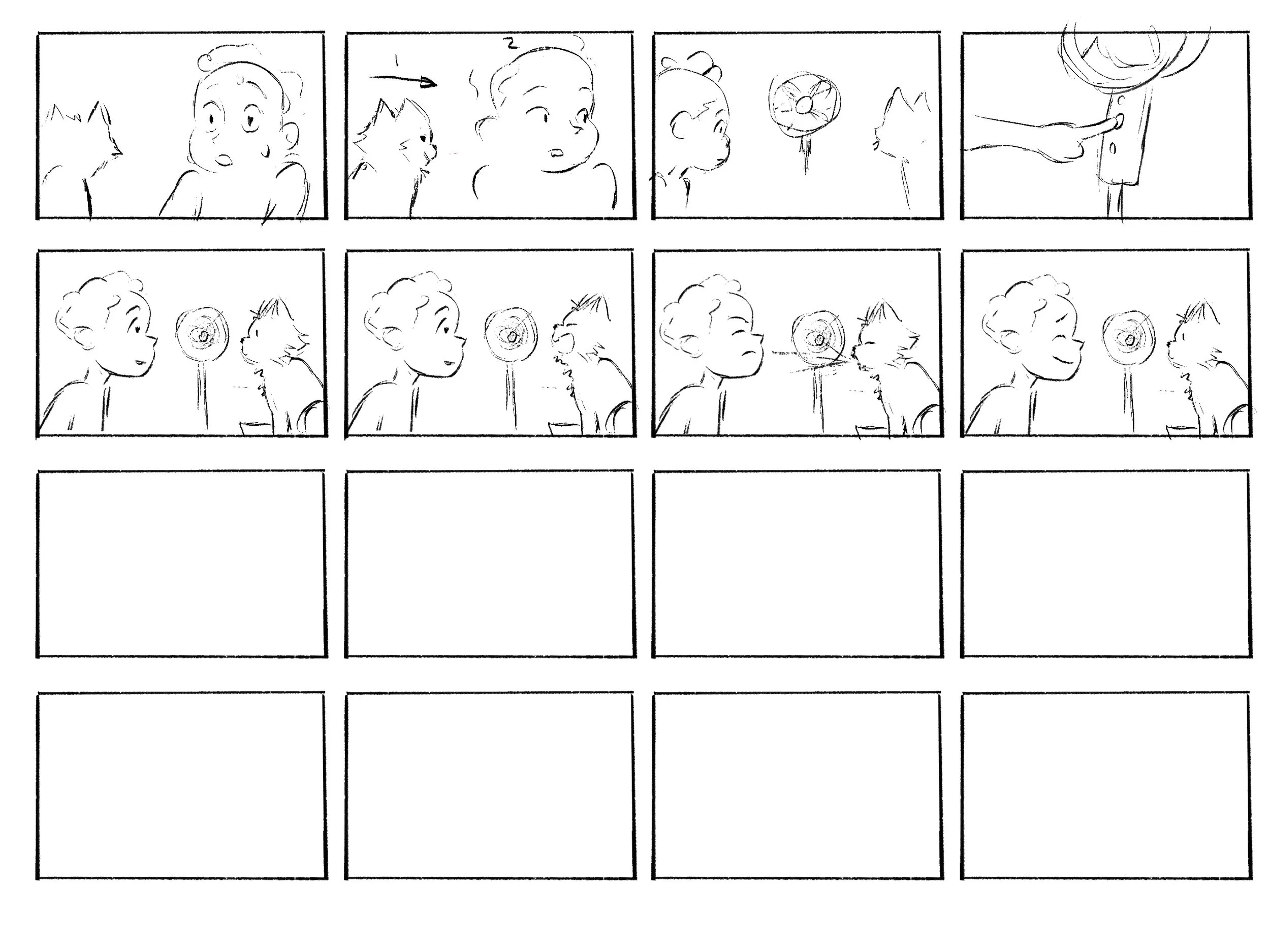 A storyboard with cartoon sketches of a girl and a cat. The girl shows curiosity and surprise, and the cat interacts with a spinning top. The girl points at the door and the cat makes noises.
