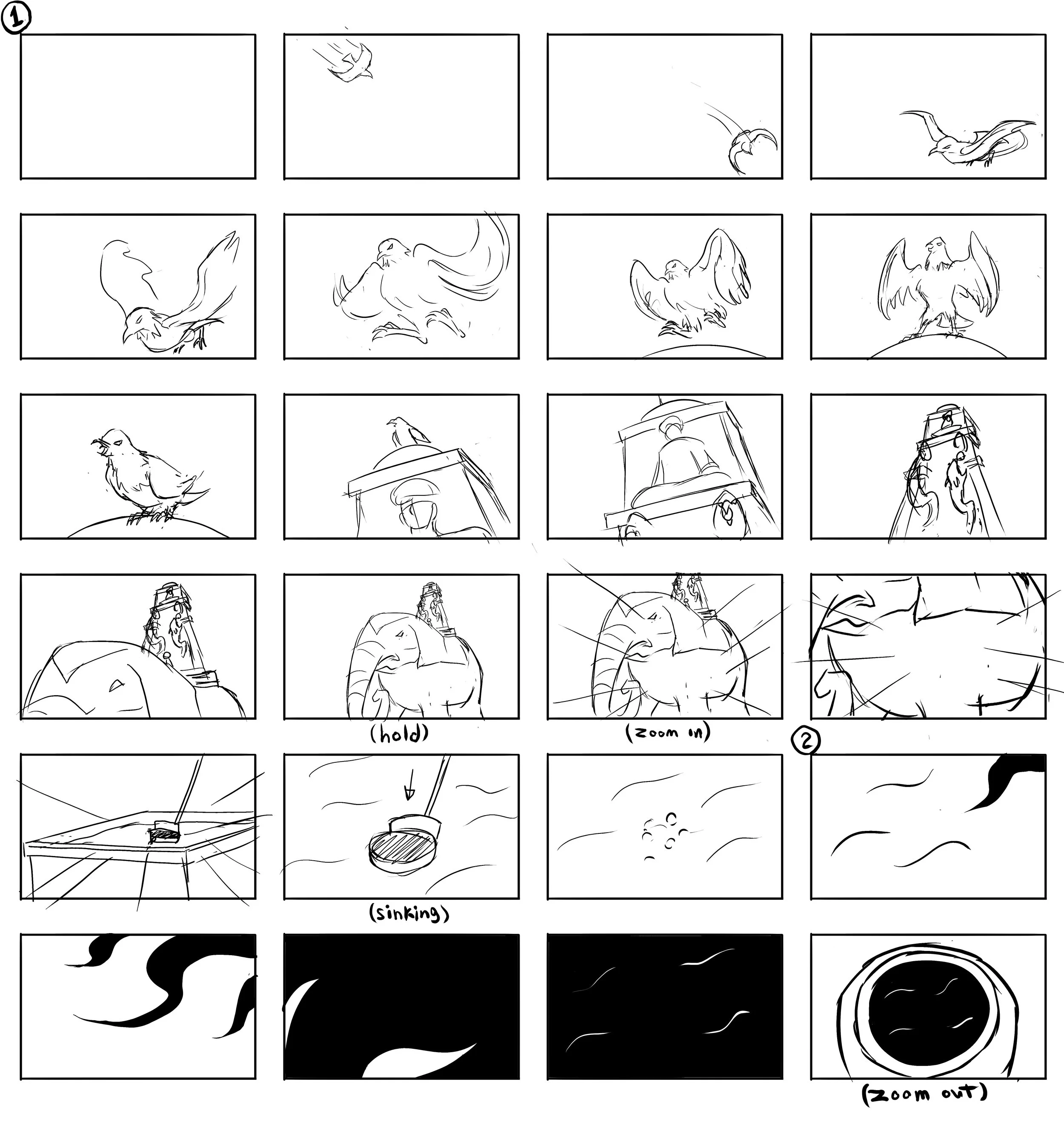 A storyboard sequence showing a bird in flight, losing grip and sinking, then zooming out to reveal the bird perched on a rock and perched on a building, then flying away again.