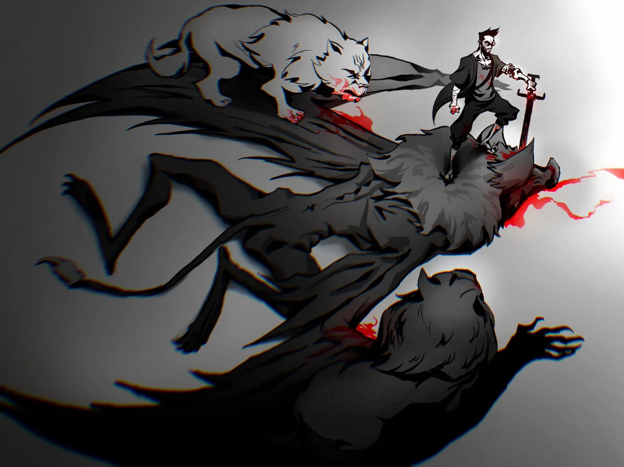 A black and white illustration of a fierce lion and a man holding a sword, with red accents and dynamic strokes.