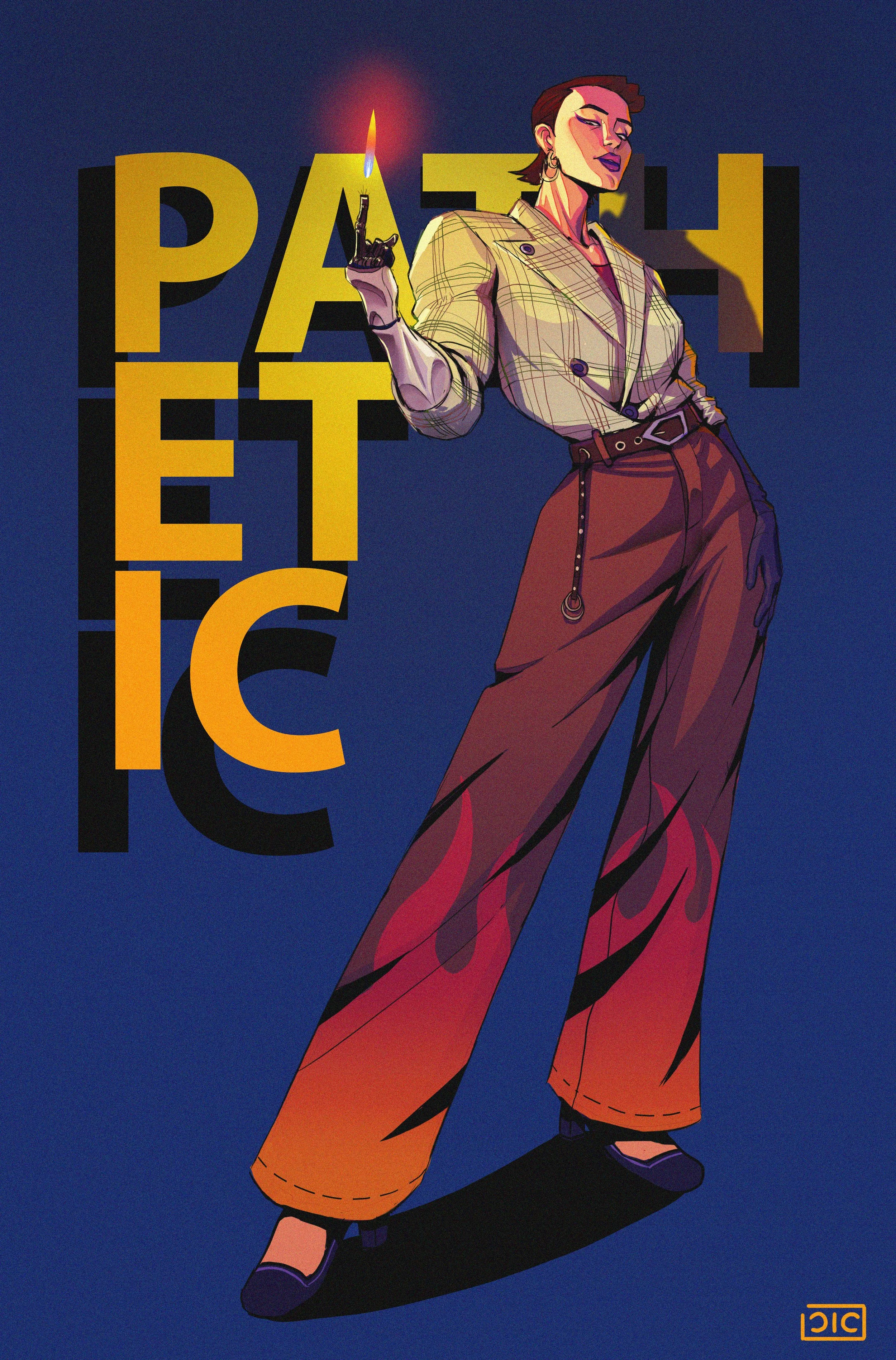 A stylized digital illustration of a woman with short dark hair and earrings, wearing a beige plaid blazer and loose red and black patterned pants, holding a lit matchstick in her right hand. The background features bold yellow and black letters spel