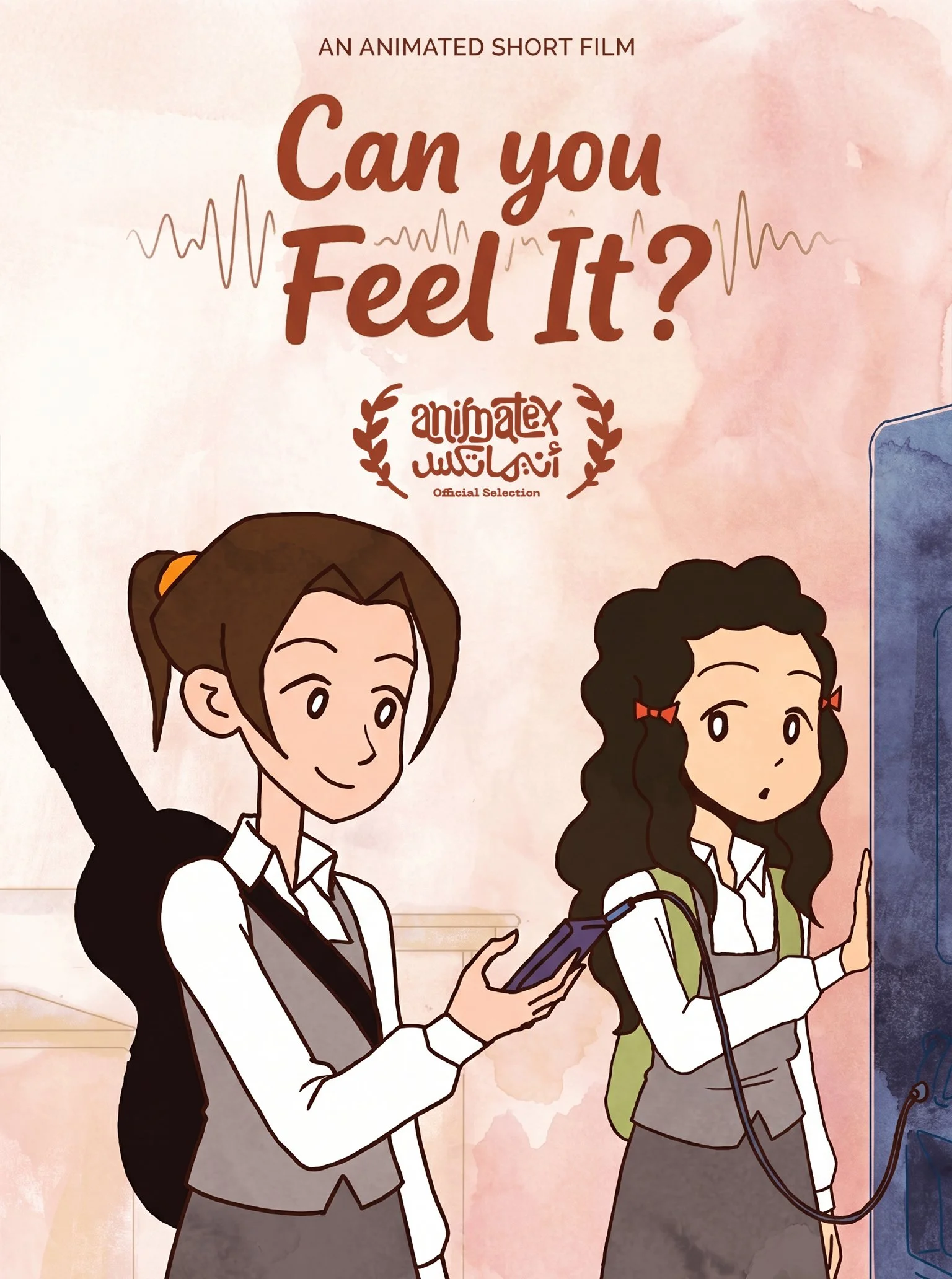 Illustration of two schoolgirls in uniforms, one with brown hair in a ponytail holding a smartphone and the other with curly hair and glasses listening to music with headphones, against a pink watercolor background with text about an animated short film titled "Can you Feel It?"