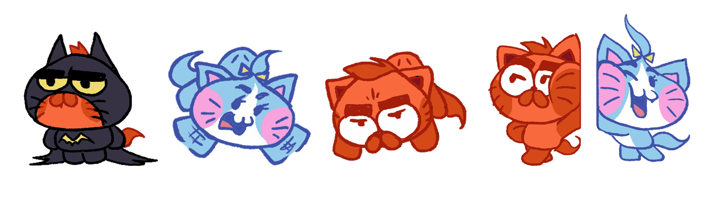 Animated characters of cats and dogs with different expressions, including a black cat with a cape, a blue cat with pink cheeks, a red dog with a serious face, a red cat with glasses, and a blue cat with a big smile.