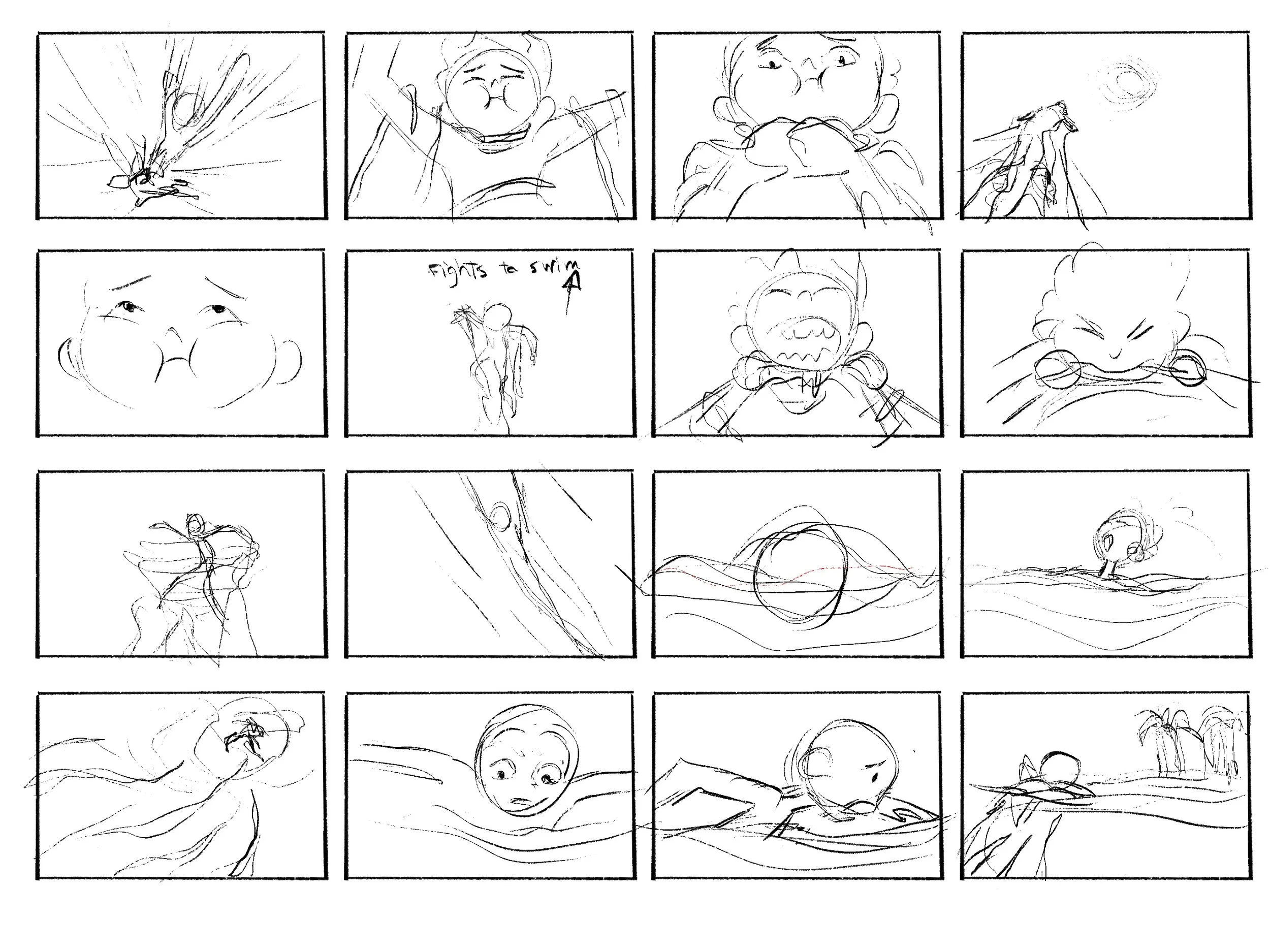 A sequence of storyboard sketches depicting a person diving into water, swimming, and surface with a playful expression, with sketches of a small girl swimming and enjoying the water.