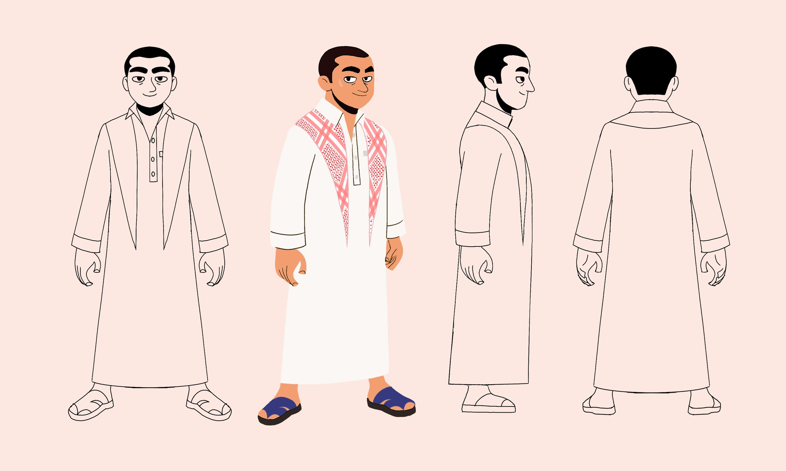 Four illustrated male figures are shown from the front, side, and back. The second figure from the left is fully colored, wearing a white shirt with red patterned accents, white pants, and sandals. The others are outlined in black and white.